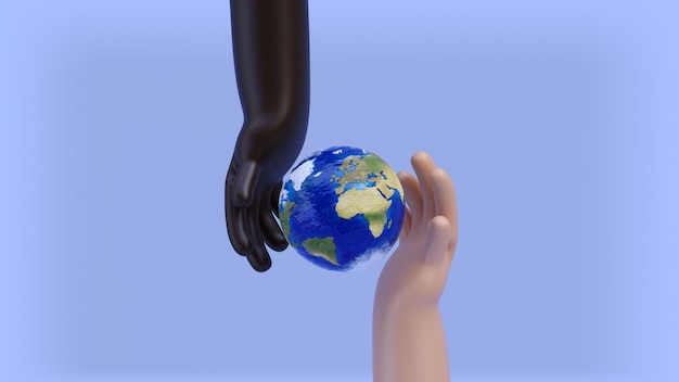 黒と白の手で地球儀は世界の概念を保存します3dレンダリング