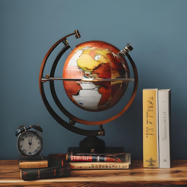 Globe books and clock on wooden tabl