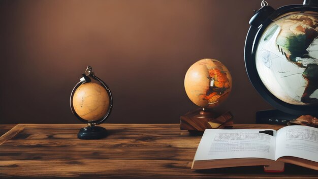 Globe books and clock on wooden tabl