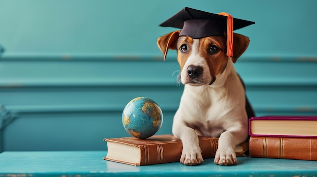 コピー スペースを持つミニマリストの鮮やかな背景に地球儀の本と卒業帽のかわいい犬