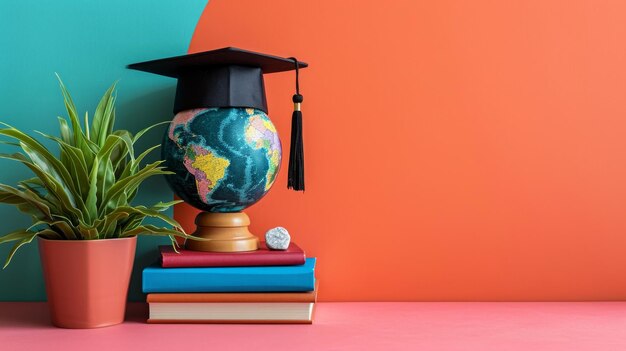 Photo globe books and graduation cap on minimalist vivid background with copy space