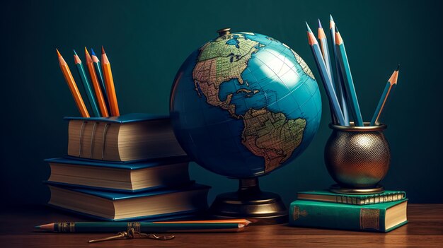 Globe books and pencils geography lesson concept generative ai