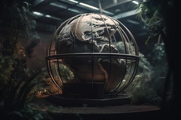 A globe in a cage with the words " the world " on it