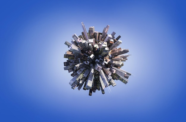 Globe concept showing a city center with skyscrapers 3D illustration on blue background