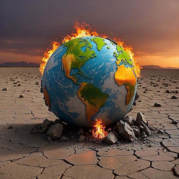 a globe in the desert with a fire in the middle of it