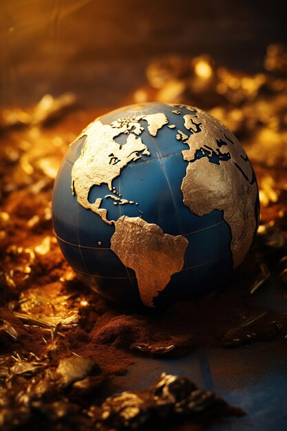 Photo globe of the earth on a background of gold confetti