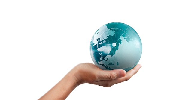 Глобус, земля в человеческой руке, держит нашу планету светящейся