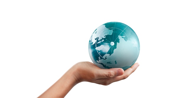 Globe ,earth in human hand, holding our planet glowing