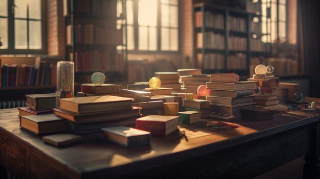 Globe en boeken op tafel in de bibliotheek generatieve ai