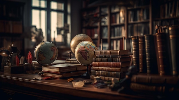 Foto globe en boeken op tafel in de bibliotheek generatieve ai