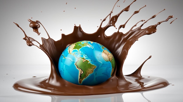 globe falling in to the splashed hot melted chocolated World Chocolate Day Generative AI