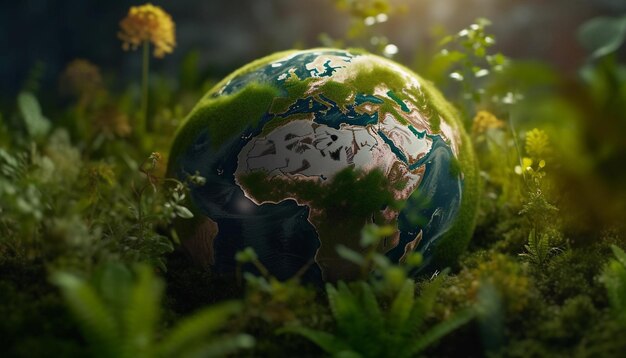 A globe in a field of dandelions