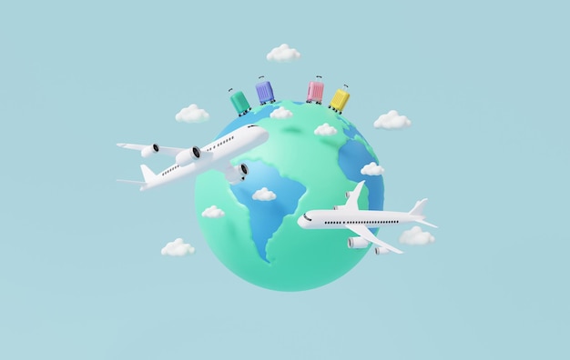 Globe flight plane travel tourism worldwide Airplane trip planning world tour luggage with pin location suitcase and map transportation leisure touring holiday summer concept 3d render illustration