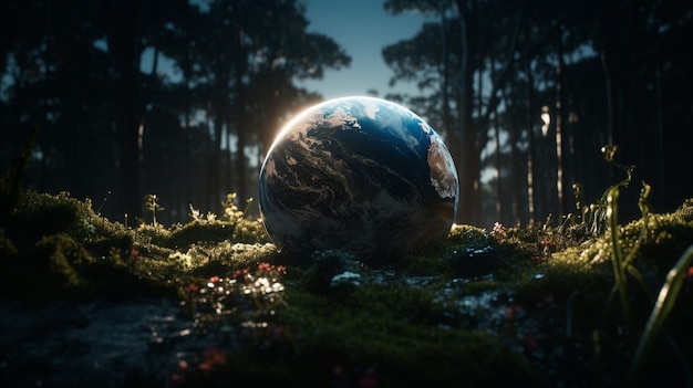 A globe in the forest with the sun shining on it