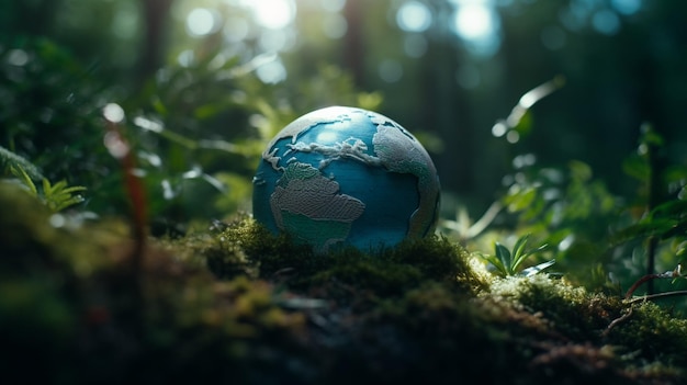 A globe in the forest with the sun shining on it