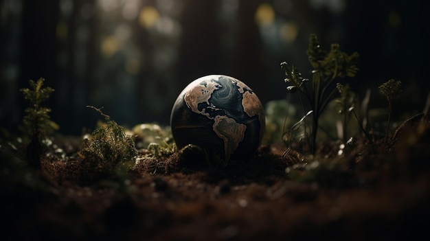 A globe in the forest with the words earth on it