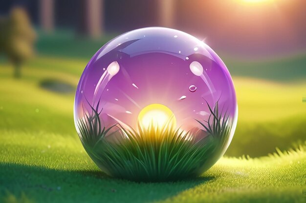 Globe glass on grass with sunshine environment concept