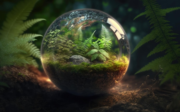 Globe Glass In Green Forest Environment Concept with tree nature and earth day concept background