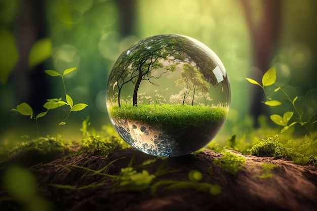 Globe Glass on green grass forest with sunlight Environment save world earth day and conservation concept Generative AI