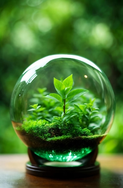 A globe Glass with green little plant World environment day concept