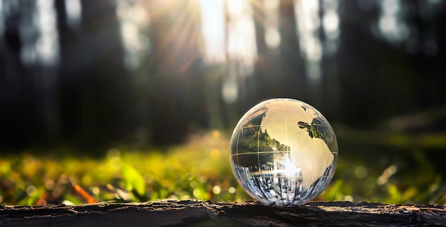 Globe glass on wood with sunshine. environment concept