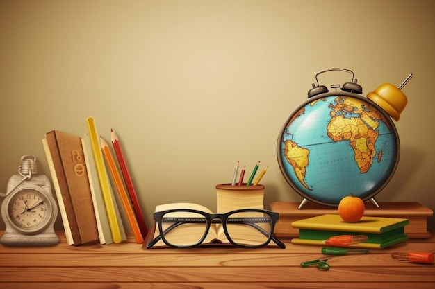 A globe and glasses on a desk with a globe and a book on it