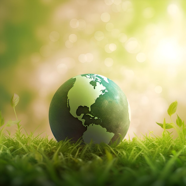Globe on grass with bokeh background save the earth concept