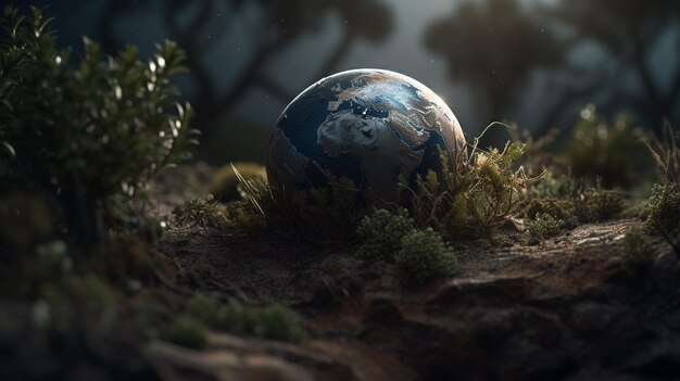 A globe in the grass with the sun shining on it