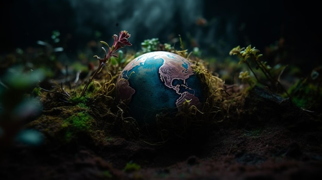 A globe in the grass with the world on it