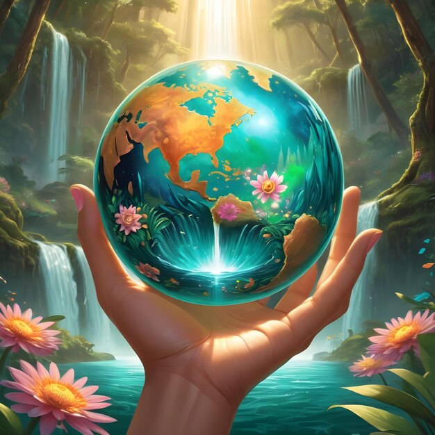 Photo globe on hand with map and flowers with forest and waterfalls background