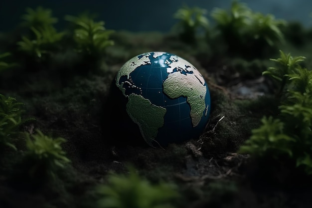 Globe in groene planten eco-concept aardedag en milieudag Ai gegenereerd