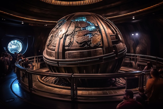 A globe inside a building with a man sitting at the bottom.