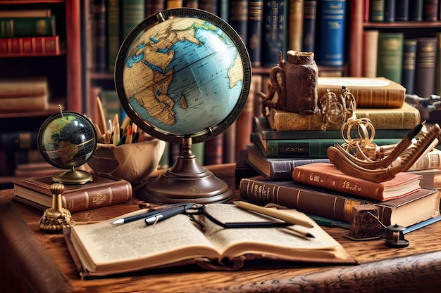 A globe is on a table next to a book and a book.