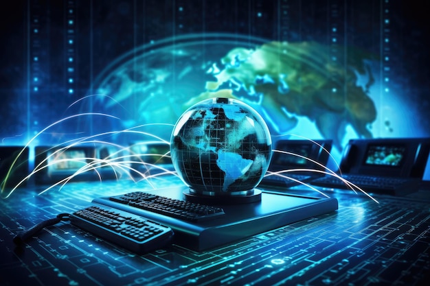 Globe and keyboard on the background of the Internet Elements of this image furnished by NASA Communication technology for internet business emphasizing global world AI Generated