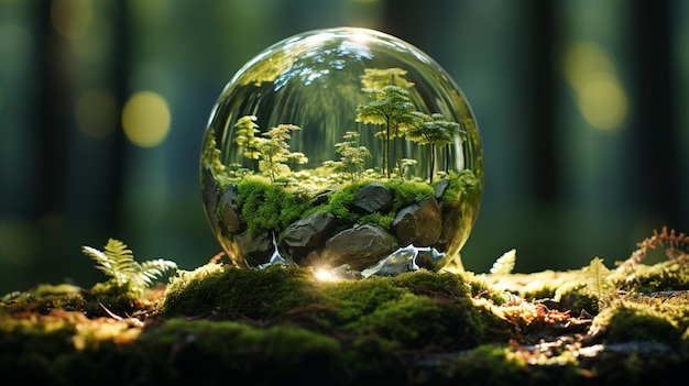 Globe On Moss In Forest Environmental Earth day concept