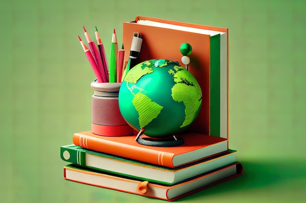 Globe notebook stack and pencils Schoolchild and student studi Generative Ai
