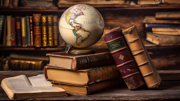 Globe and old books on a wooden table Education concept