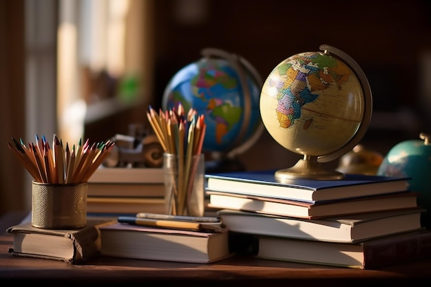 Globe op een tafel met een stapel boeken en potloden