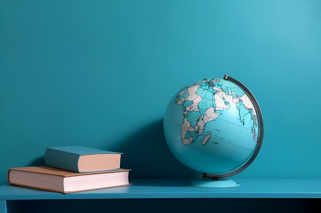 Globe op tafel met boeken over blauwe achtergrond Onderwijsconcept Toerisme en reizen