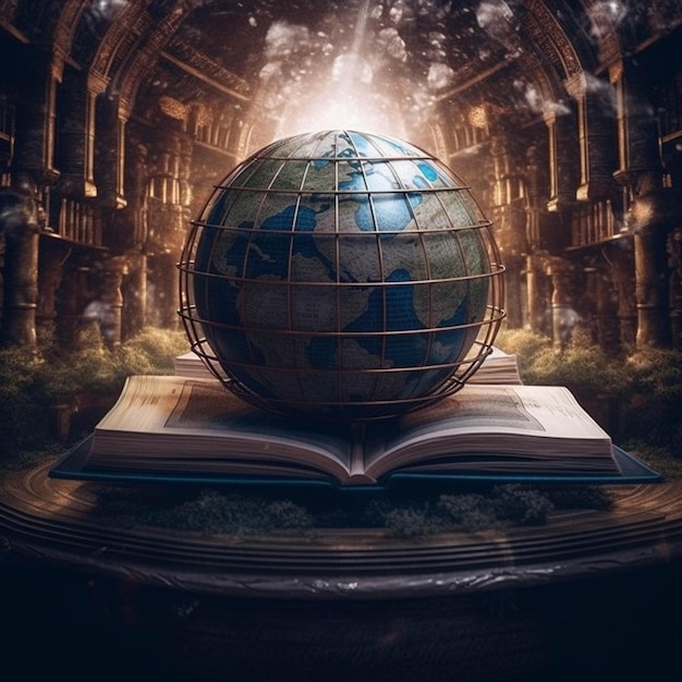 Глобус и открытая книга на темном фоне 3d-рендеринга