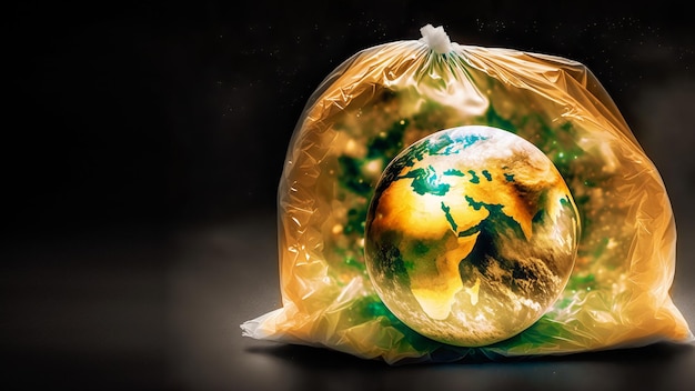 Globe of planet Earth dressed in a garbage plastic bag with copy space