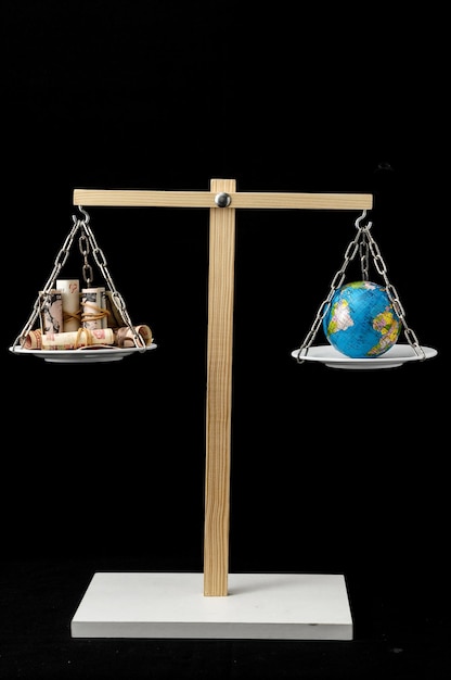 Photo globe planet earth and money on a two pan balance