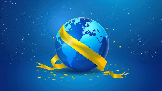 The globe of the planet Earth with a yellow ribbon around on a blue background with stars