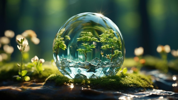 Globe planet glass In a green forest with bokeh nature lights world environment day the concep for