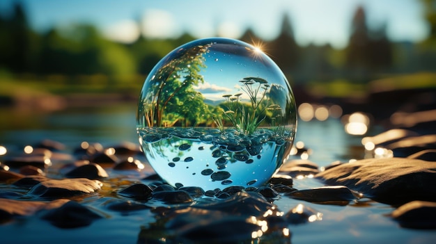 Globe planet glass In a green forest with bokeh nature lights world environment day the concep for