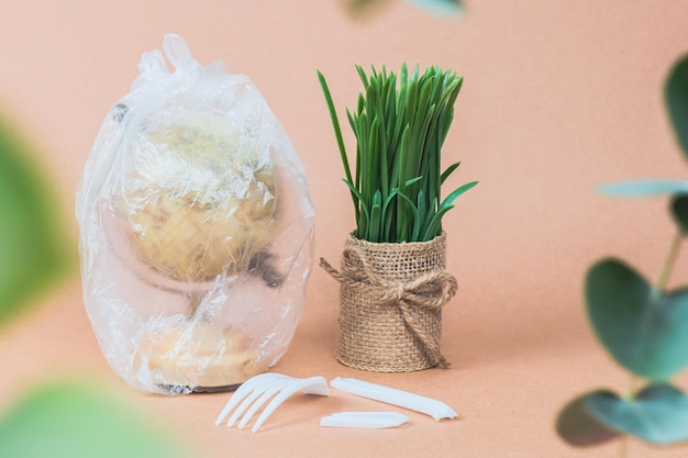 ベージュ色の背景にプラスチック袋の花とプラスティックのフォークのグローブ