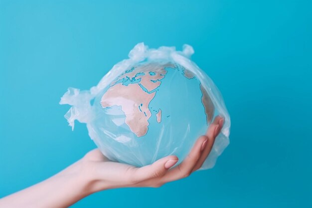 A globe in a plastic bag is held in someone's hand.