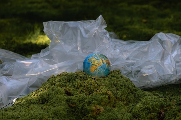 globe and plastic film green forest, Pollution of the environment. The problem of recycling plastic