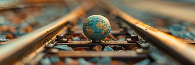 a globe on a railroad track with a blue line in the middle