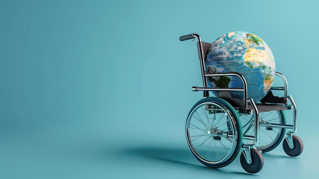 Foto globo che rappresenta la terra seduta in sedia a rotelle su uno sfondo azzurro